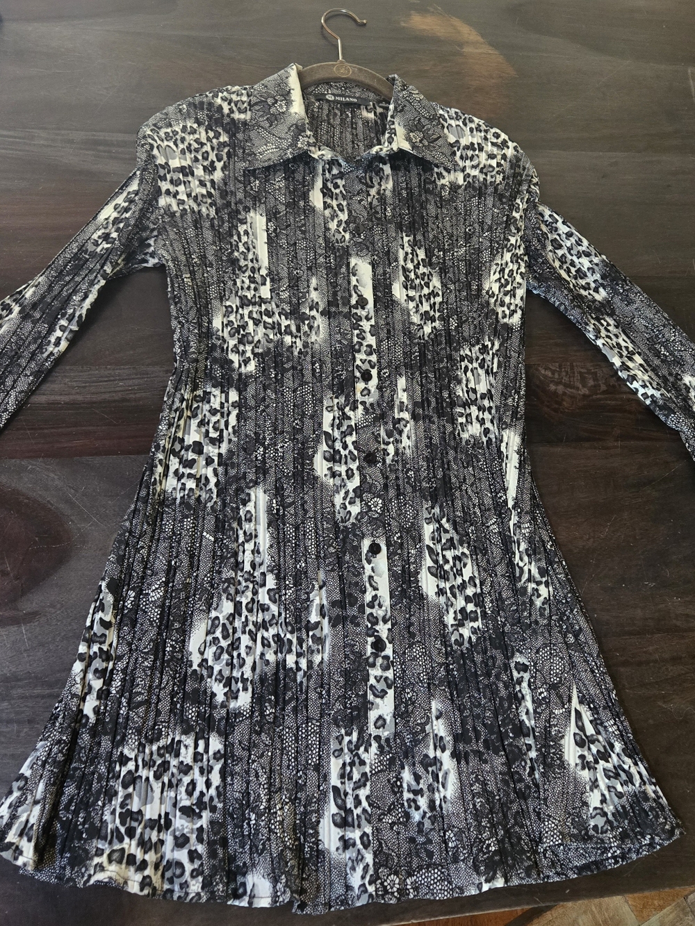 Milano Black & White Animal Print Long Sleeve Pleated Dress